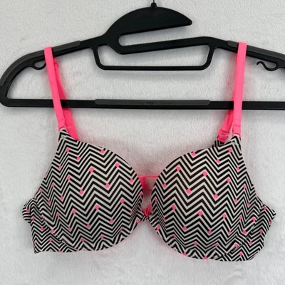 Victoria's Secret Push Up Bra Black White Chevron Pink Polka Dot 34B - Image 1 of 4