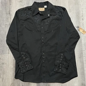 NEW Scully Western Pearl Snap Shirt Mens L Black Embroidered Floral Cowboy Ranch - Picture 1 of 5