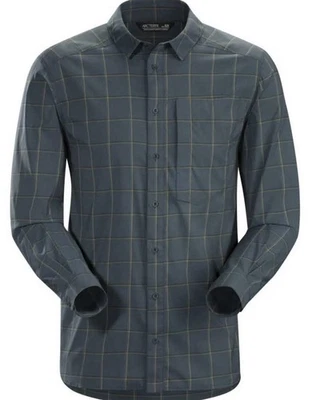Camisa de manga larga Arcteryx Riel para hombre talla mediana azul/verde a rayas Foto 1 de 4