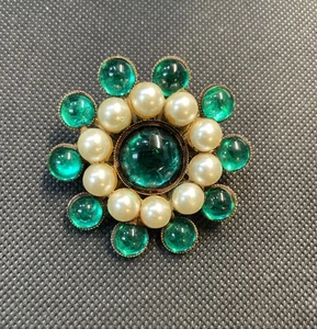 Vintage schöne grüne Gripoix goldfarbene Perlen Anstecknadel Brosche Retro 2,25" Rarität - Bild 1 von 10