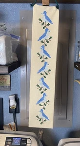 VINTAGE Handmade Cross Stitch BLUEBIRD Wall Hanging w/ Bell 24” Blue Jay - Picture 1 of 14