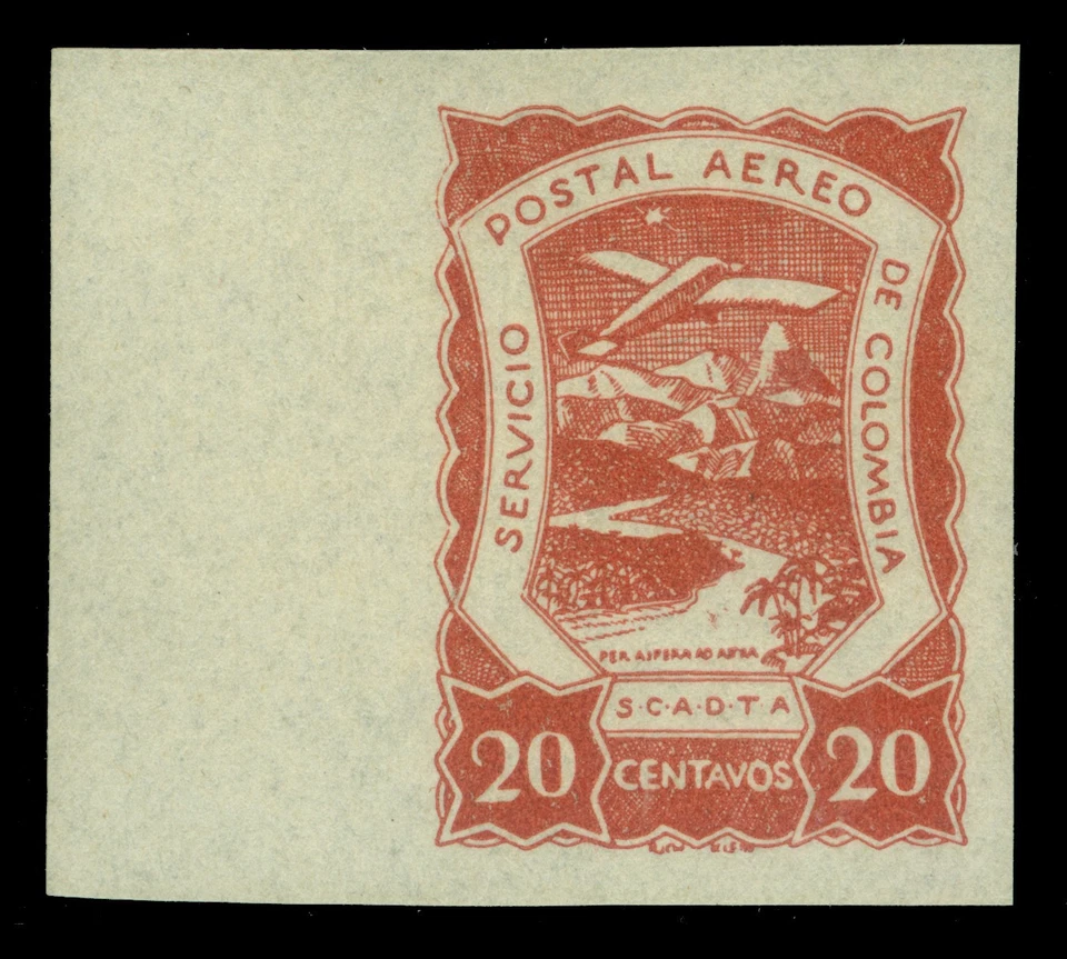 COLOMBIA 1921 Correo Aéreo SCADTA 20c Rojo Marrón IMPERFORADO - Sc# C28var Como Nuevo MNH XF Foto 1 de 2