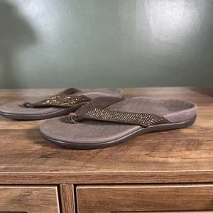 Vionic Tide Brown Slip On Rhinestone Orthopedic Wedge Flip Flop Sandal Womens 7 - Picture 1 of 8