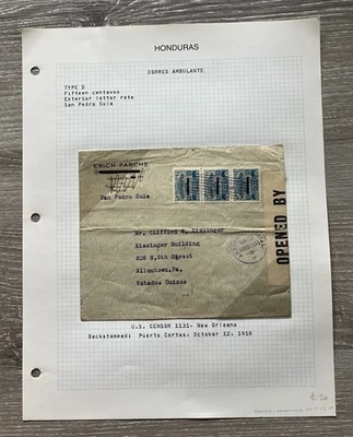 1918 Honduras Correo Ambulante Cover With US Censor 1131 Fifteen Centavos - Image 1 of 4