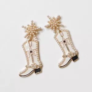 NEU weiße Cowgirl Stiefel Perlen verziert Strass Western Glitzer Glam Ohrringe - Bild 1 von 4