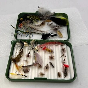 Lot of Vintage Fly Fishing Lures With feathers in Vintage Cabela's Tackle Box - Picture 1 of 16