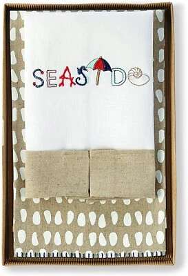 Juego de toallas de mano Mudpie junto al mar lino bordado lunares blanco tostado casa de playa Foto 1 de 4