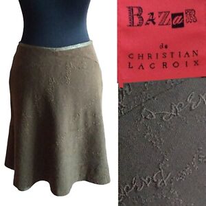 Vintage Christian Lacroix Bazar Skirt A-line Wool Green/Olive Logo France 40 