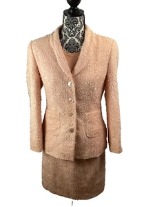 3 Piece Vintage Louis Feraud Peach Boucle Tweed Jacket Skirt Suit + Silk Top Sz8 - Picture 1 of 14