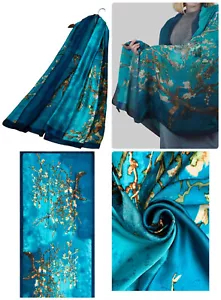 Ladies Almond Blossom Print Blue Silk Scarf Women Floral Art Paint Stole 3380 - Picture 1 of 4