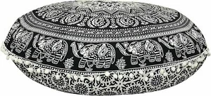 32" BLACK ELEPHANT MANDALA PRINT ROUND FLORAL POUF COVER COTTON FLOOR CUSHION - Picture 1 of 4