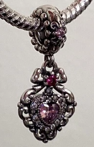 925 Sterling Silver, Beautiful Pink Speaking Zirconia Heart & Bow Charm/Pendant. - Picture 1 of 19