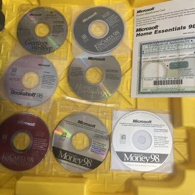 Vintage Software Lot Microsoft Money 98 Encarta Bookshelf Home Original CDs - Image 1 of 4