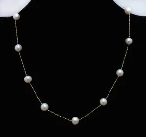 AAA 7-8mm White Round Natural Pearl Necklace for Women 14K Gold Chain Floating - Picture 1 of 11