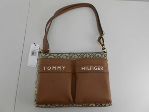 NWT Tommy Hilfiger Brown Monogrammed Cross body Shoulder Bag Two Front Pockets - Picture 1 of 12