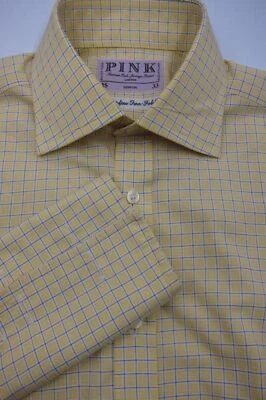 Camisa Thomas Rosa Londres Amarillo W Azul Cuadros Superfina 2 Pliegues Puño Francés 15x33 Foto 1 de 3