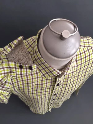 Bertigo 绿色棕色格子休闲衬衫尺寸 5-XL 双袖口 100% 棉 — 第 1/4 张图片