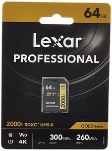 Lexar Profesional SD SDXC 64GB Tarjeta 2000X,Uhs-Ii, U3, V90, 300MB / S - GB - Picture 1 of 4