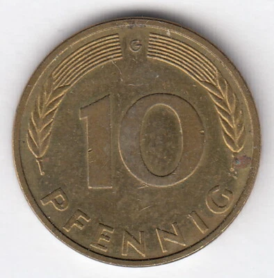 GERMANY 1995 10 pfennig - KM#108  - oak seedling -  brass clad steel  G  R.575 - Image 1 of 2