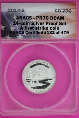2014 S PR 70 Silver Quarter Great Sand Dunes ATB ANACS Graded Certified Slab 96 - Image 1 of 3
