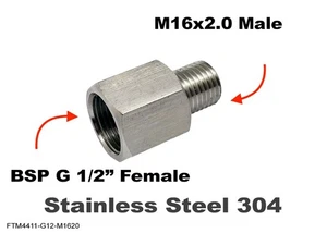 BSP G 1/2" FEMALE to M16x2.0 MALE Stainless Sensor Adaptor Fittings Conversion - Picture 1 of 6