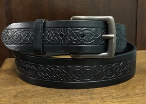 VTG Lee River Thick Black Leather Belt Ireland Sz 42 1.5”Wide Eternity Knot EUC - Picture 1 of 7