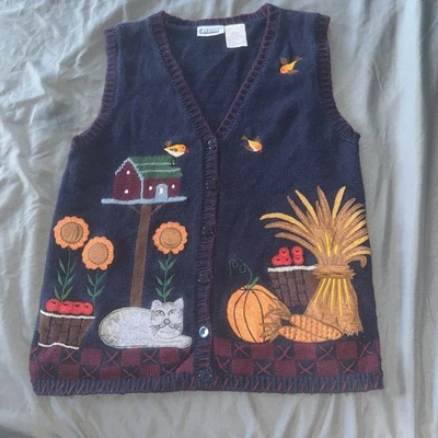 Chaleco Suéter Capacity Para Mujer Azul Talla Mediana Pájaros Gato Otoño Foto 1 de 4