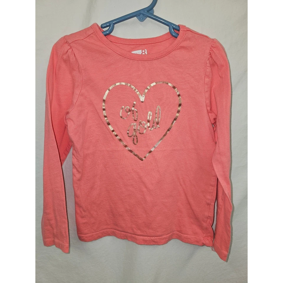 Crazy 8 Girls Long Sleeve Shirt, Heart Gold Graphic, Size S (5-6), Coral - Image 1 of 4