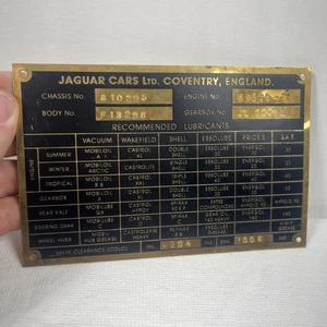 JAGUAR ID LUBRICATION SPECIFICATION PLATE SOLID BRASS XK120 XK140 1949’-53’ - Picture 1 of 7