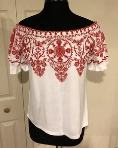 LUNA MOON Anthropologie Gr. XS weiß/rot bestickt Boho Bluse Top Shirt - Bild 1 von 19