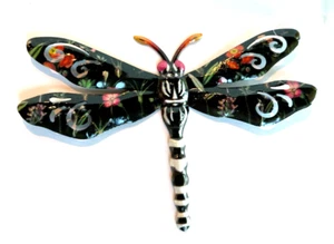 Gift Craft Metal Dragonfly Wall Plaque Black w/Flowers Ready to Hang 6 1/2" - Picture 1 of 3