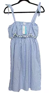 IFFEI Blue Striped Sundress Babydoll Dress Womens M Tie Straps Cottage Beach NWT - Picture 1 of 9