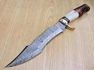 Handmade Damascus Steel Hunting Knife Camel BONE &Wood Handle BRASS Guard Sheath - Picture 1 of 8