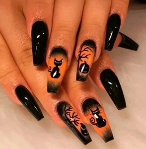 24 Stück Halloween Press-On Nägel Set - Spooky Cat & Pumpkin Design, glänzende Oberfläche - Bild 1 von 6