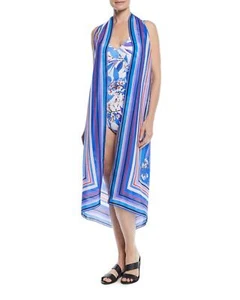 Gottex Blue Sakura Floral Silk Coverup Pareo - Picture 1 of 10