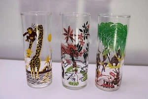 Federal Glass Tom Collins Set of 3 Monkey Giraffe Music Dancing MCM Mark - Picture 1 of 5