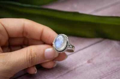Arcobaleno Pietra Di Luna Gemma 925 Sterling Argento Artigianale Anello - Immagine 1 di 4