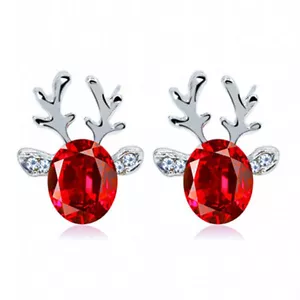 Christmas Crystal Gemstone Rhinestone Reindeer Stud Earrings Red - Picture 1 of 1