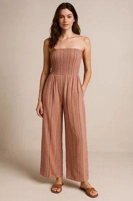 Mono Aerie Lino Sin Tirantes Pierna Ancha L - Boho Playa Costera Náutica Preppy Foto 1 de 4