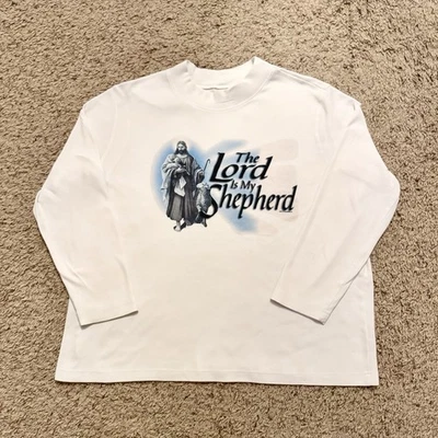 Винтажная белая рубашка 90-х «Господь — мой пастух» с длинным рукавом и ложным воротником размер XL - Изображение 1 из 4