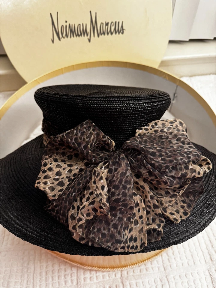 Eric Javits Couture вручную заблокированный черный соломенная шляпа с леопард бант + оригинальная коробка - Изображение 1 из 4