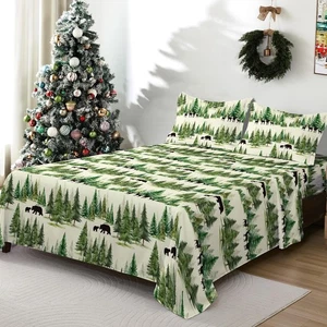 Weihnachten Bettwäsche Set King Size 4 Stück Grün Tannenbäume Bär Elch Urlaub She... - Bild 1 von 9