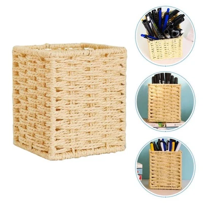  Small Storage Box with Lid Cute Woven Basket Pencil Holders for Desk - Image 1 of 4