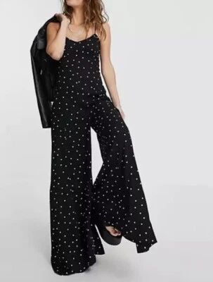 Mono Free People XS Negro Blanco Lunares Tirantes Pierna Ancha Calce Suelto Pantalones Foto 1 de 4