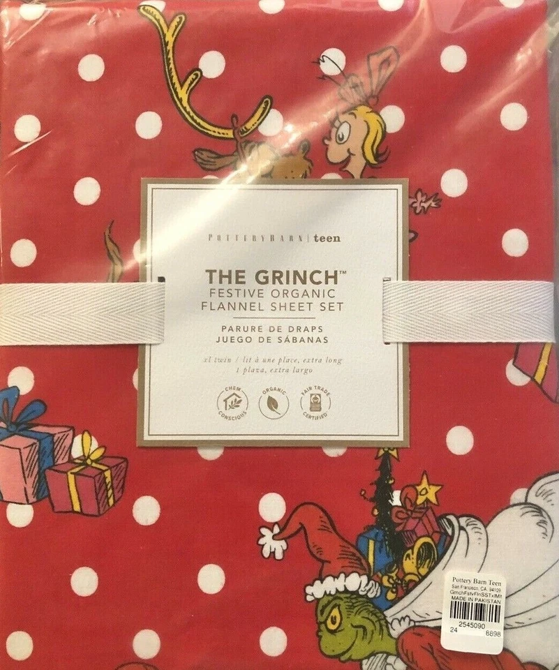 Pottery Barn подросток GRINCH горошек красный Рождество TWIN XL фланелевый лист комплект - Изображение 1 из 1