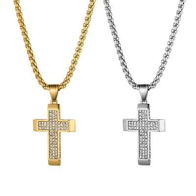 Collar colgante cruzado completo de diamantes de imitación de acero inoxidable para hombre con cadena de trigo 22" Foto 1 de 2
