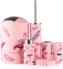 Bathroom Accessories Set 6 Pieces Bath Brush Holder Mug Bin Soap Pink Flamingo