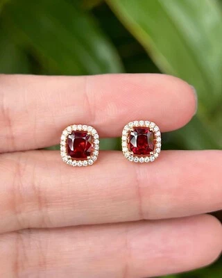 Cushion 2.13 Ct Natural Red Spinel & Diamond Earring Stud 18K Rose Gold Studs - Image 1 of 4