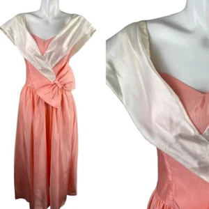 Vtg 90s Prom Party Dress Alfred Angelo Peach Shawl Collar Bow Fairycore Small - Picture 1 of 10
