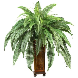 Boston Fern W/Decorative Wood Vase Silk Plant Nearly Natural Home Decoration - Picture 1 of 1